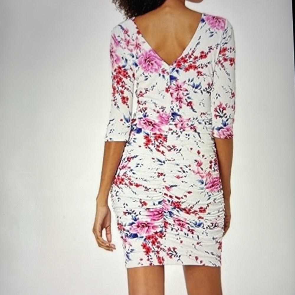 Guess white floral ruched dress 3/4 sleeves NWOT